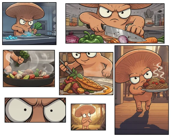 A wordless strip in which a mushroom chops, sears and plates an elaborate dinner, then carries out a plate of spaghetti.