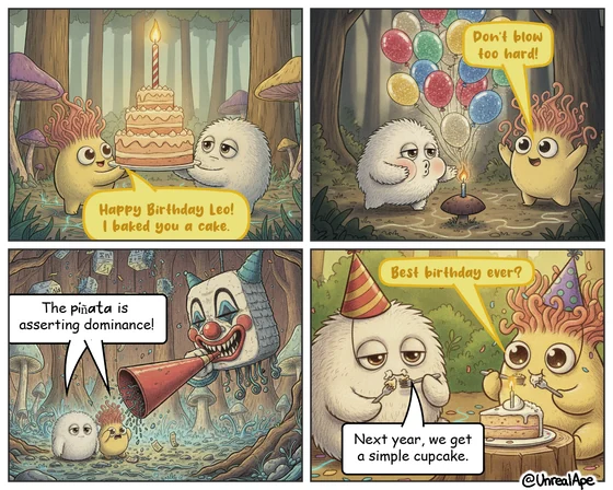 Cordy brings Leo a birthday cake, a clown pinata asserts dominance over the party, and the two of them end up eating cake on a stump.