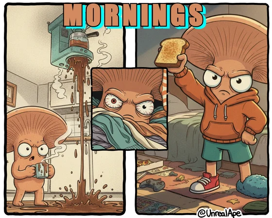 Three panels of a bad morning: coffee overflowing onto the floor, bloodshot eyes under a duvet, and a mushroom holding up a piece of burnt toast.