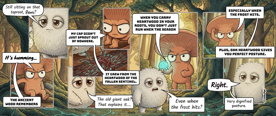 A wide lore strip in which Remi explains that his cap grew from the heartwood of a fallen sentinel oak, and Leo is unimpressed.