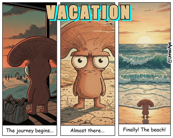 Three panels captioned the journey begins, almost there, and finally the beach, covering a distance of roughly one metre.